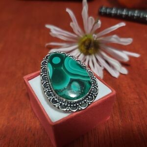 Handcrafted Malachite Oversized Teardrop Ring (8.25)